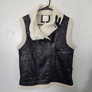 Joie Women's Medium Black Leather Vest Moto Shearling Cream Faux Fur Biker Fall
